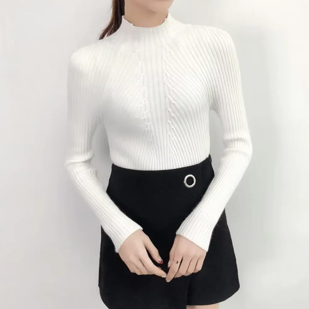 Women's slim fit turtleneck knit top in soft cozy fabric, flattering silhouette for layering