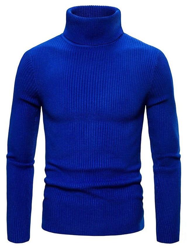 Men's ribbed knit turtleneck sweater classic slim fit layering essential with high neck warmth