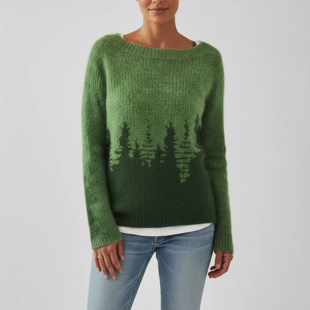 Women's relaxed crewneck sweater with Fair Isle tree print, perfect for casual layering