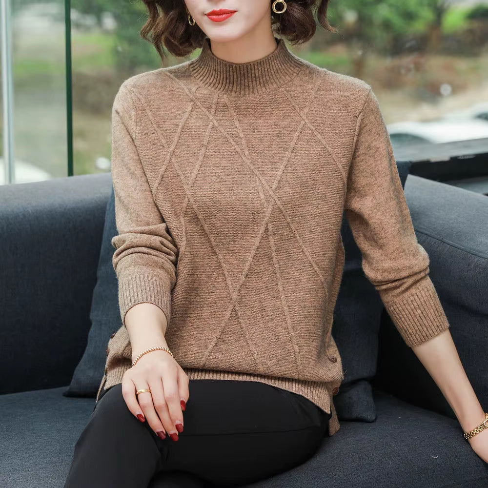 Women's cashmere turtleneck sweater with sculpted diamond-knit pattern, stretch-infused midweight blend