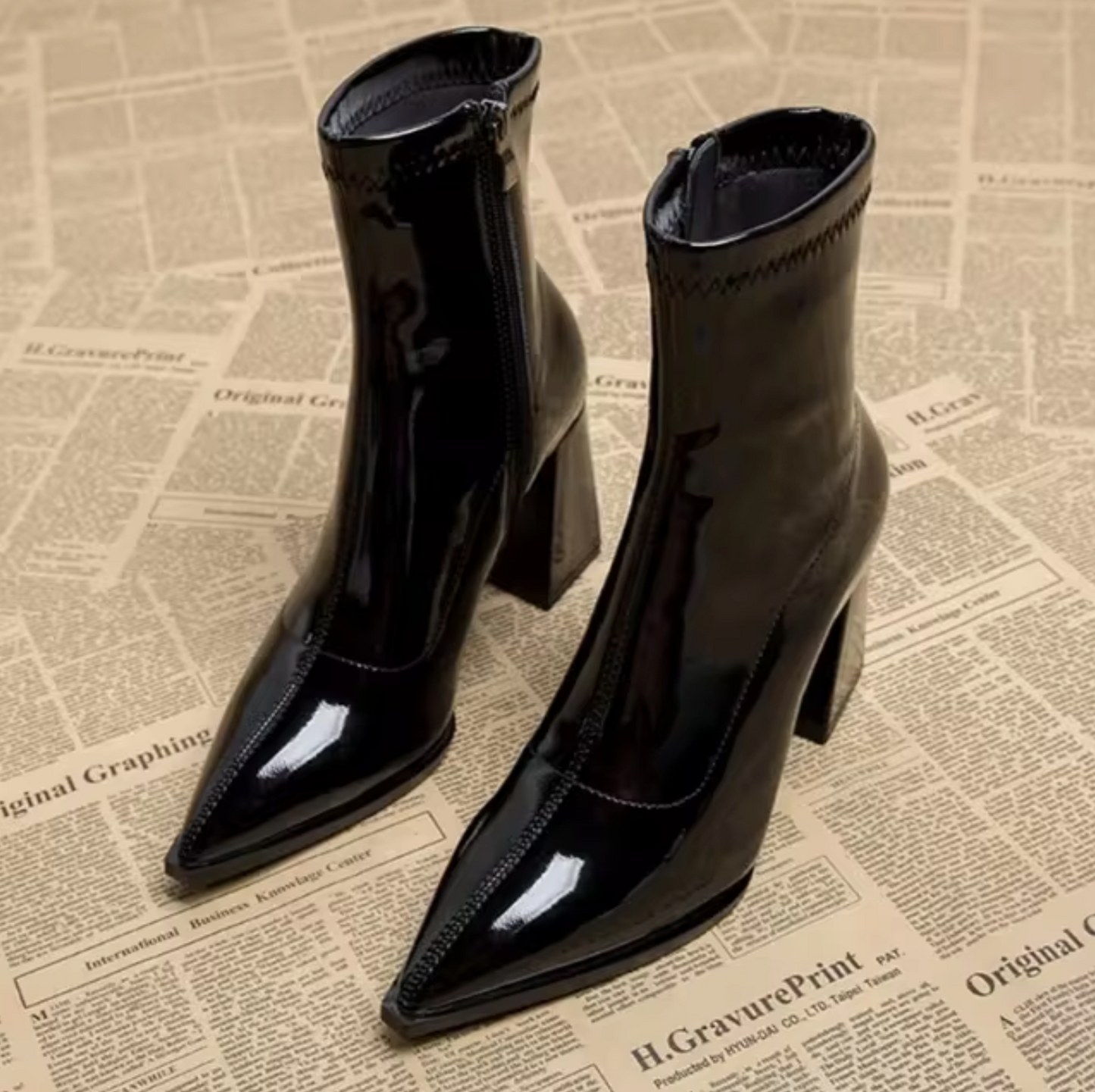 Women's black genuine leather ankle boots pointed toe block heel side zipper closure daily wear