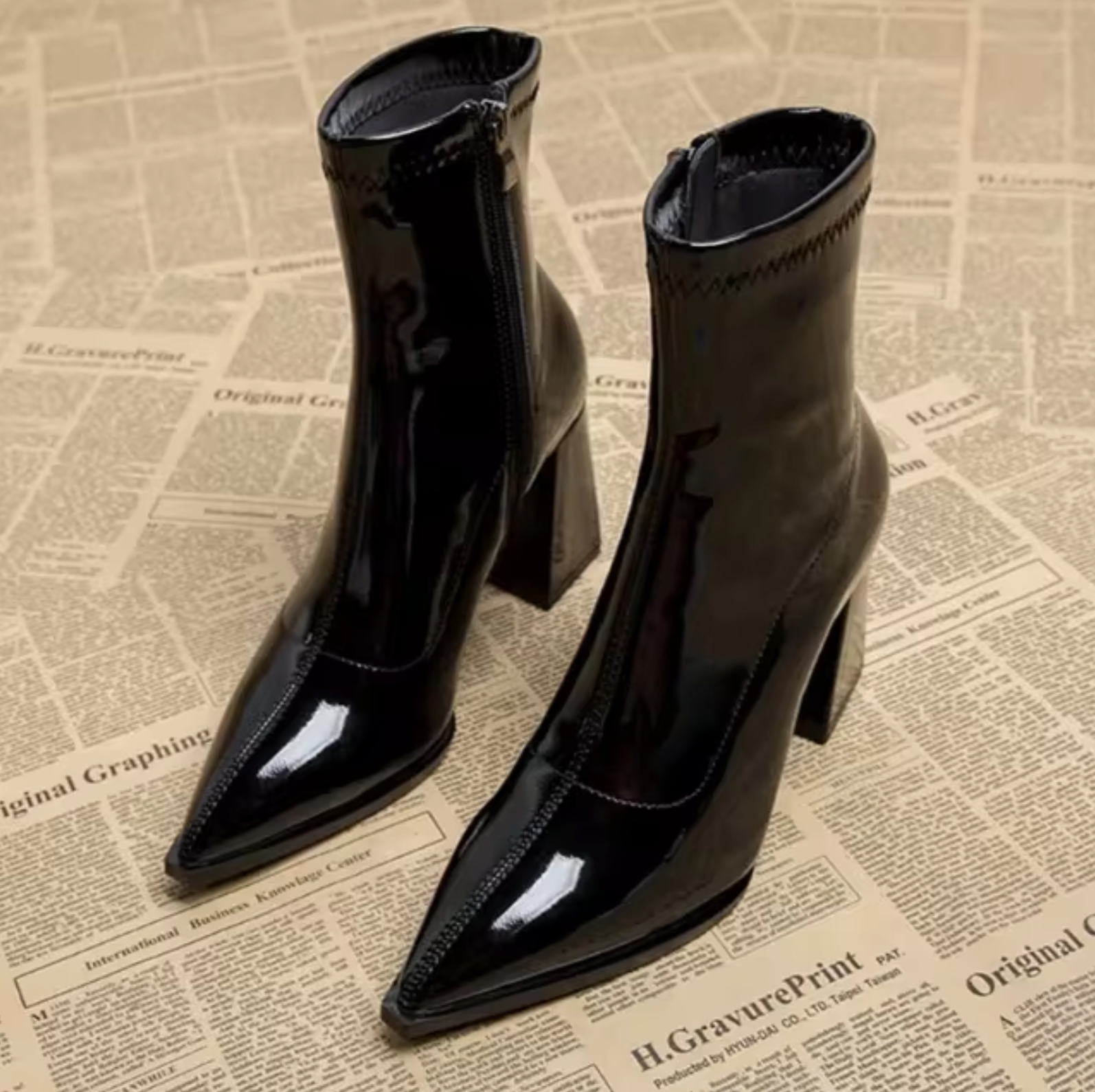 Women's black genuine leather ankle boots pointed toe block heel side zipper closure daily wear