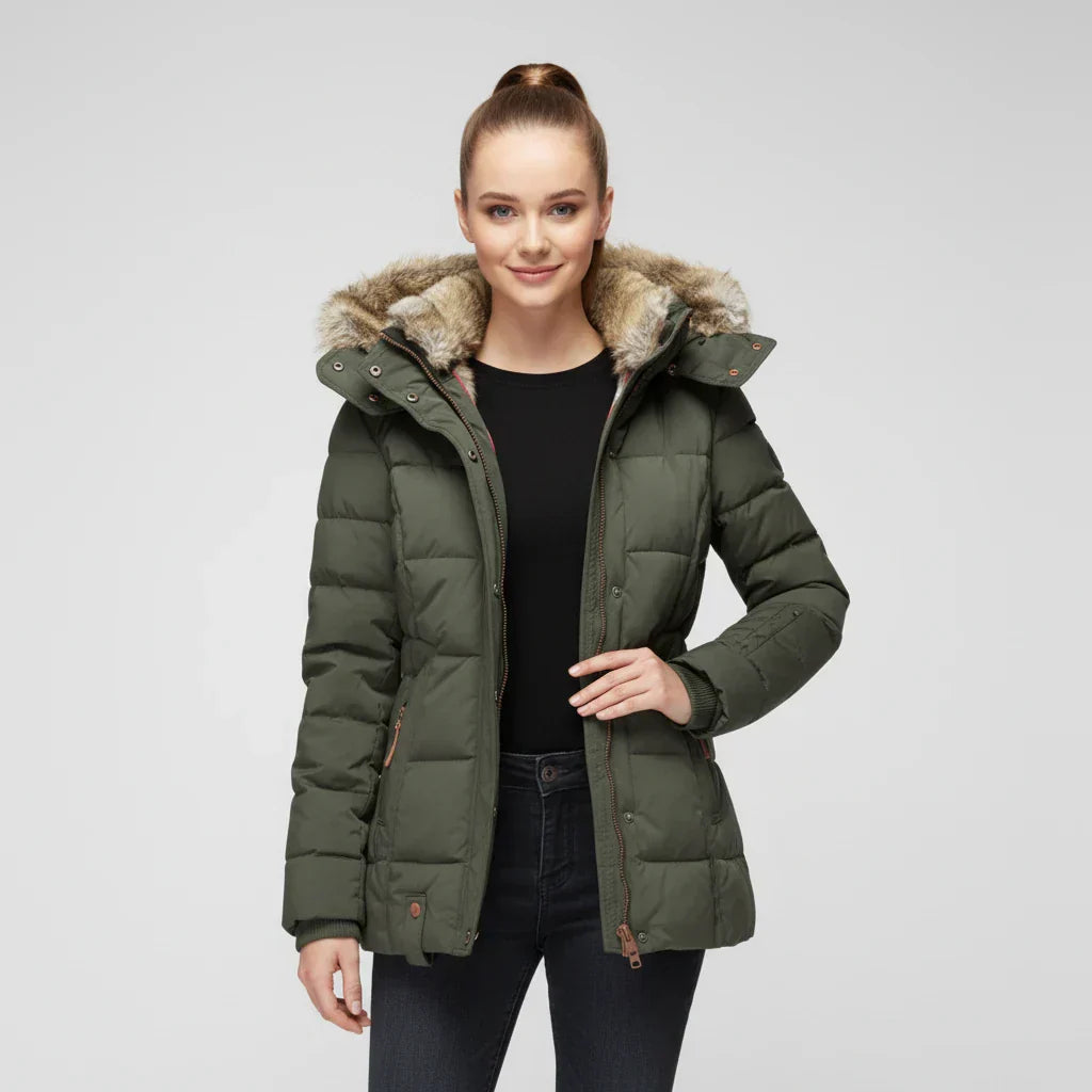 Women's hooded quilted puffer jacket flattering silhouette cozy winter coat versatile style