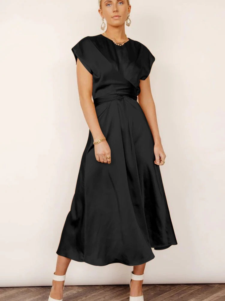 Elegant midi evening dress women dusty rose layered sleeves diagonal cut figure-flattering silhouette