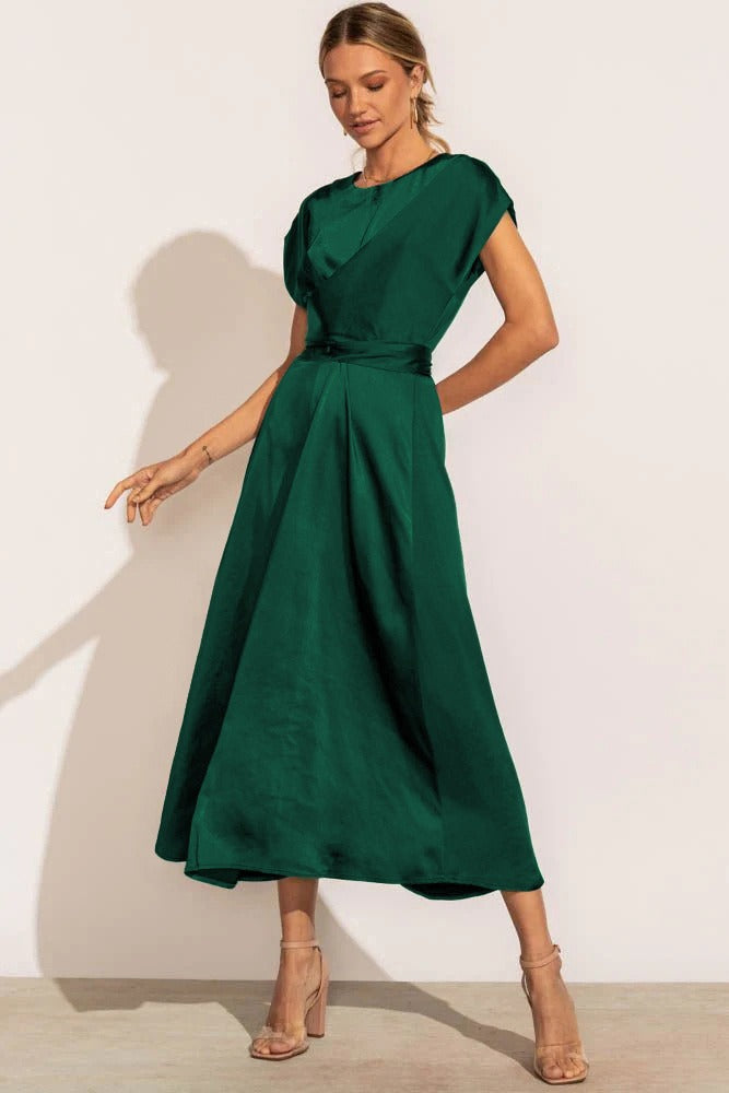 Elegant midi evening dress women dusty rose layered sleeves diagonal cut figure-flattering silhouette