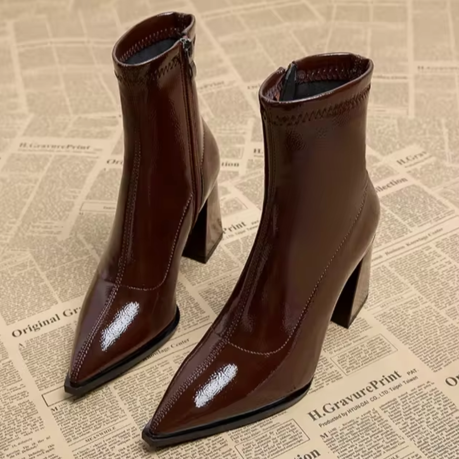 Women's black genuine leather ankle boots pointed toe block heel side zipper closure daily wear