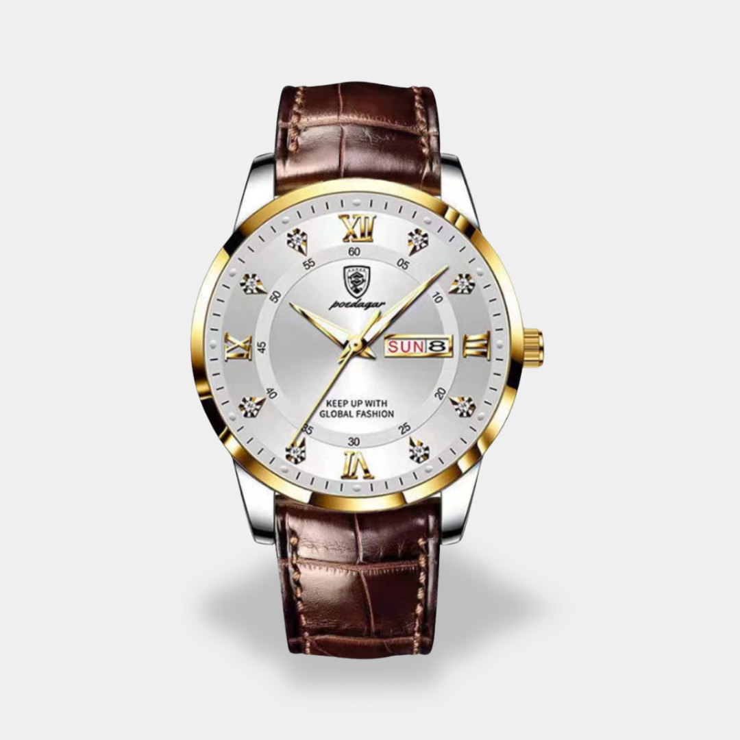 Men's chronograph watch brown leather strap black dial steel case everyday formal wear