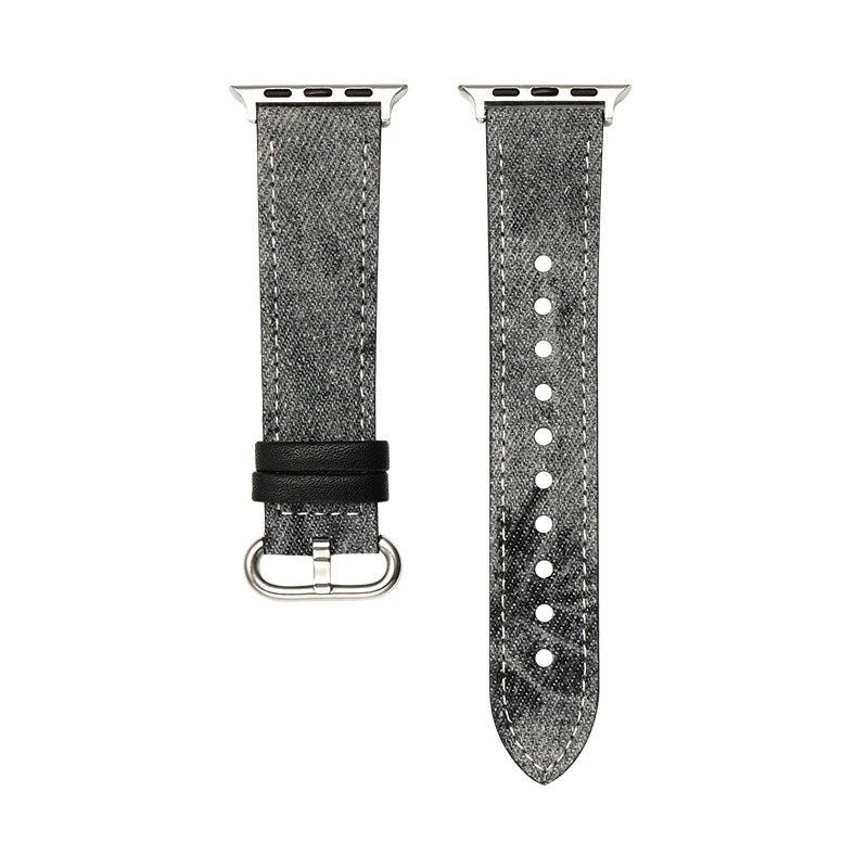 Light-wash denim Apple Watch band with genuine leather backing, casual jean-jacket style