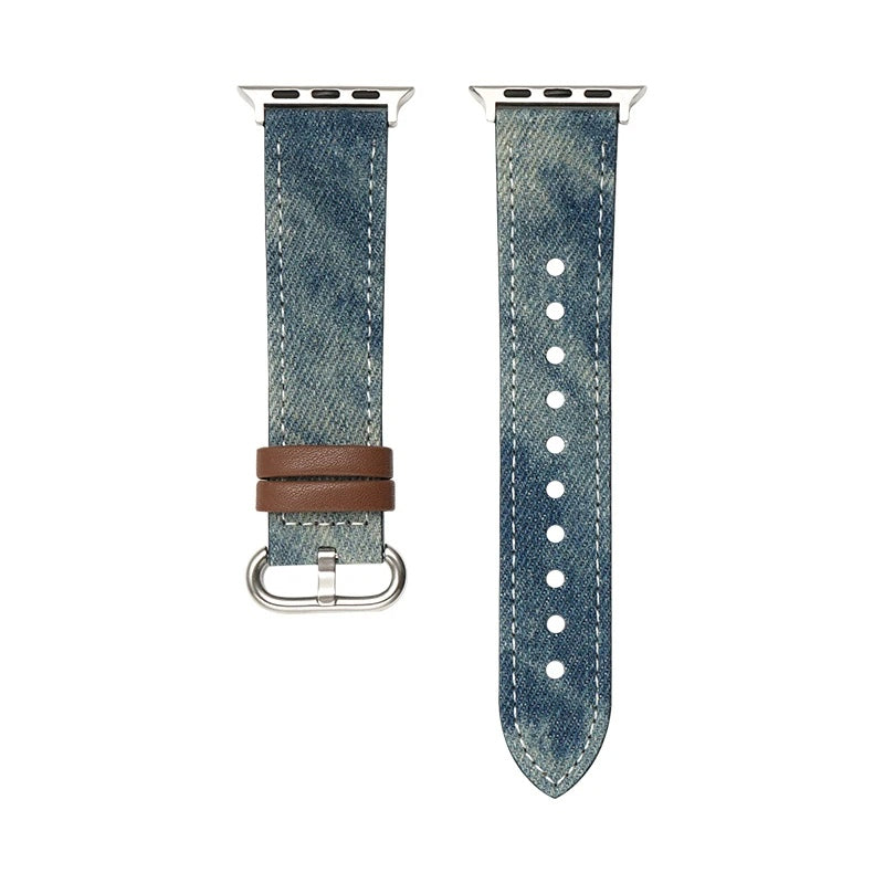 Light-wash denim Apple Watch band with genuine leather backing, casual jean-jacket style