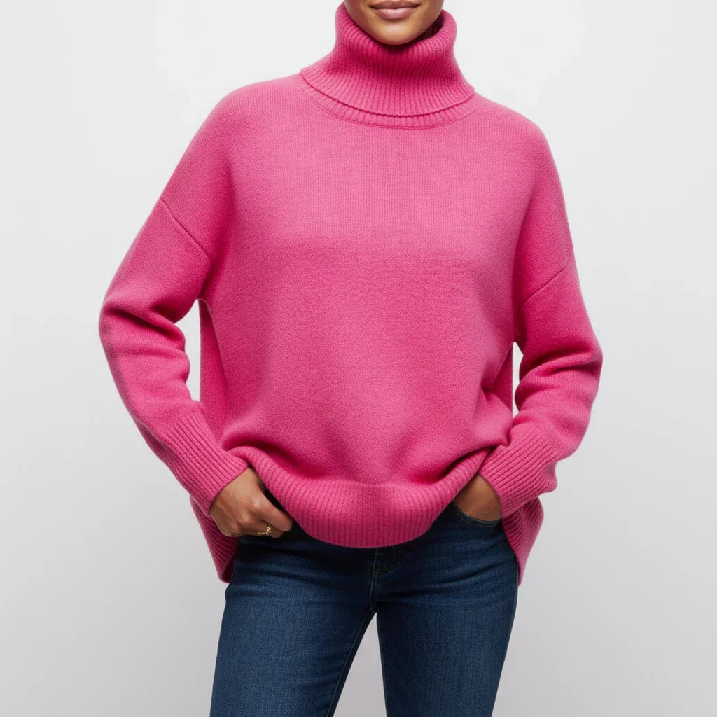 Women's oversized turtleneck ribbed knit sweater drop shoulders relaxed fit cozy layering