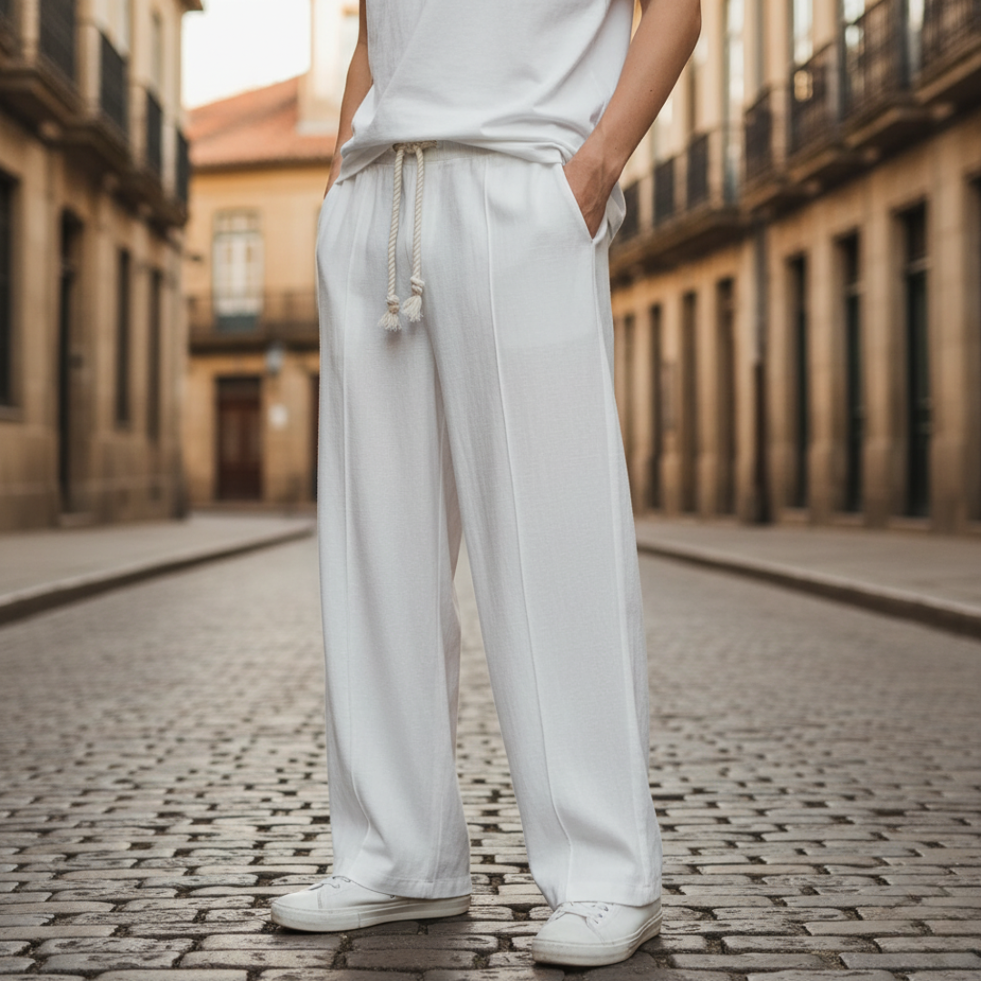Men's casual drawstring pants adjustable waist everyday comfort fit available in white black blue red