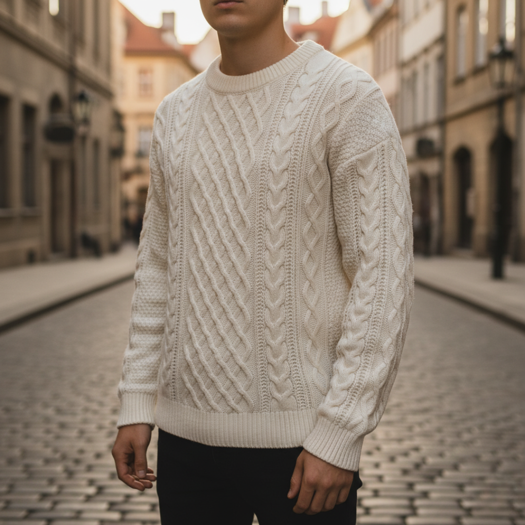 Men's cable knit crew neck sweater in soft yarn, classic pattern for cold weather everyday office wear