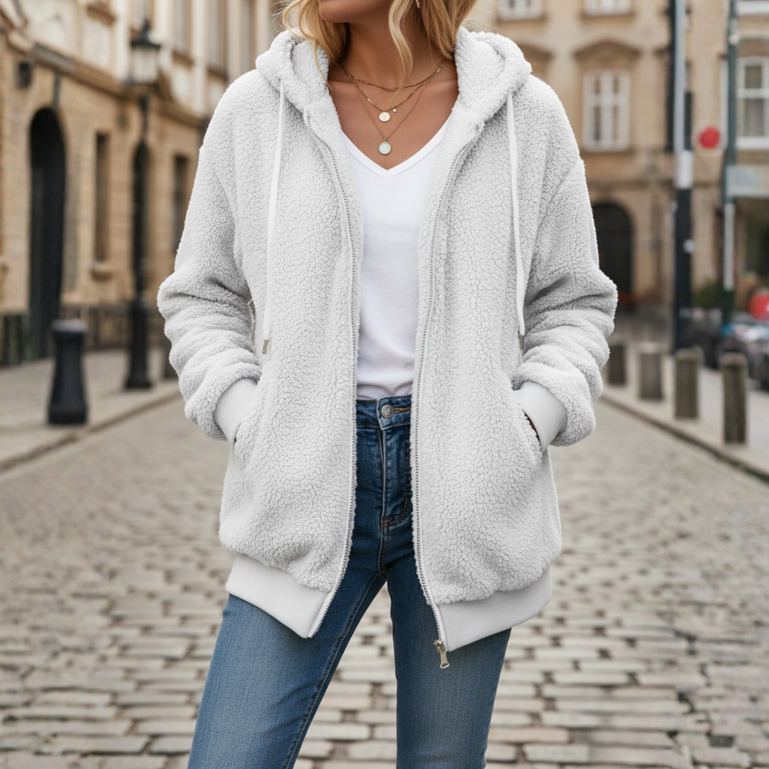 Women's soft hooded jacket in casual fit with full-length central zipper and side pockets