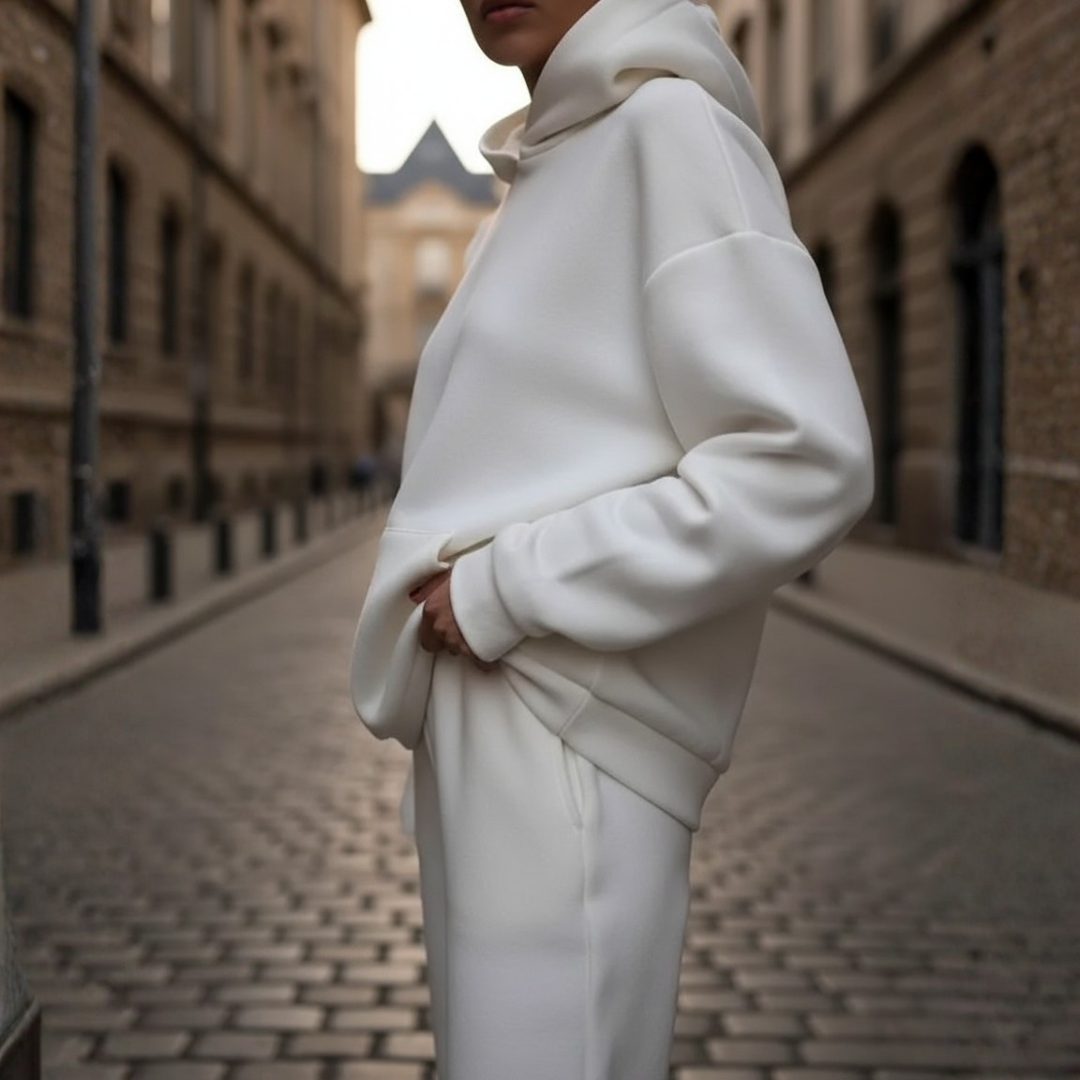Women's hooded jumpsuit mixed fabric sporty-elegant relaxed fit coordinated set in neutral tones