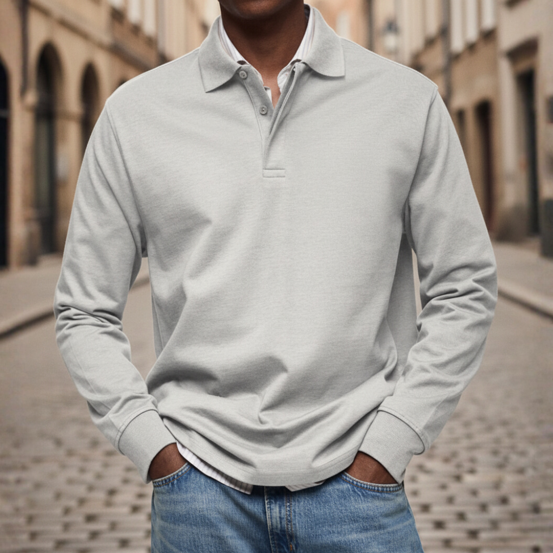 Men's long sleeve polo shirt button collar soft fabric relaxed fit versatile casual staple cooler days