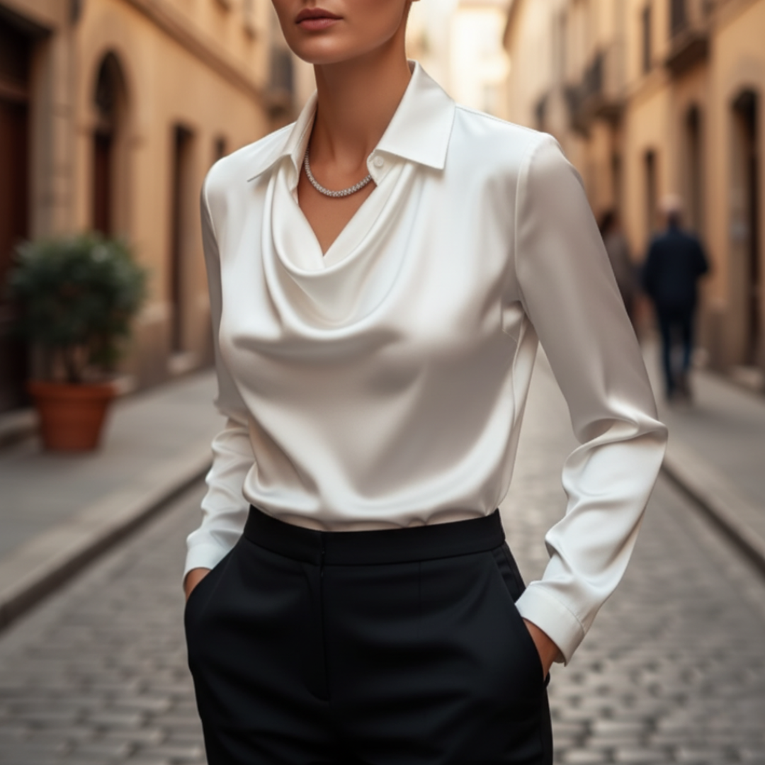 Women's cowl neck long sleeve top in versatile colors, elegant drape for formal or casual wear