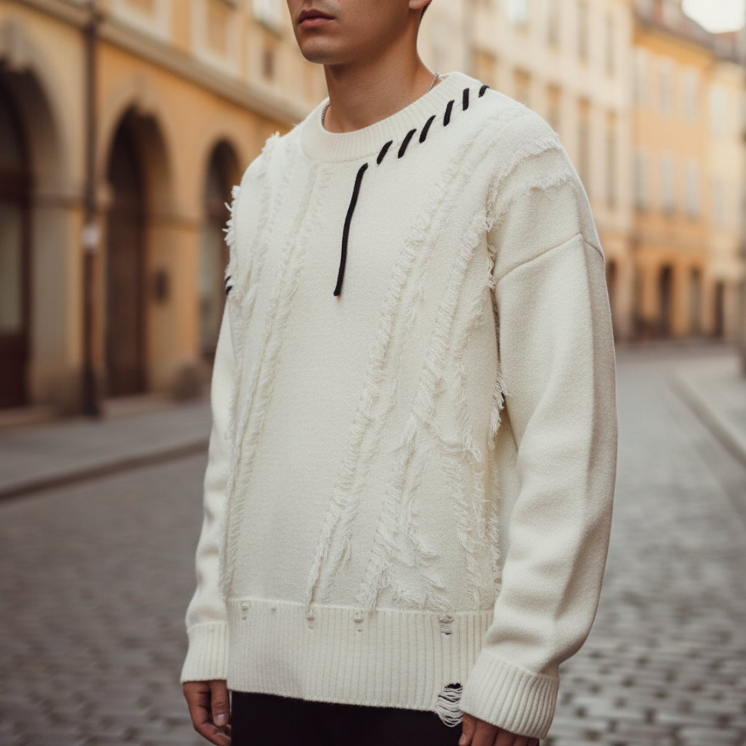 Men's fringe sweater modern cut black green gray white casual knit distinctive side fringe detail