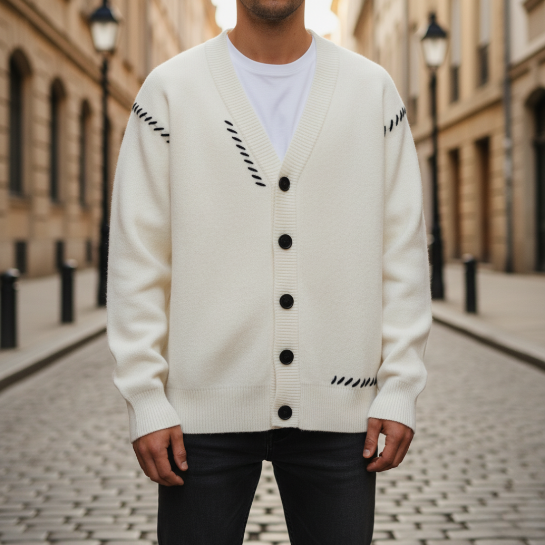 Men's button-front cardigan in beige durable fabric, casual modern fit with versatile layering design