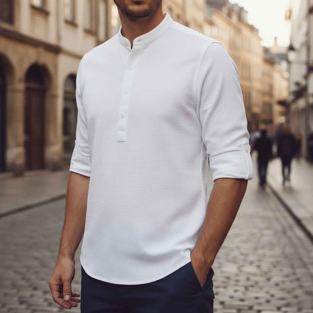 Men's beige honeycomb knit Henley shirt ergonomic fit with buttoned collar and adjustable sleeves