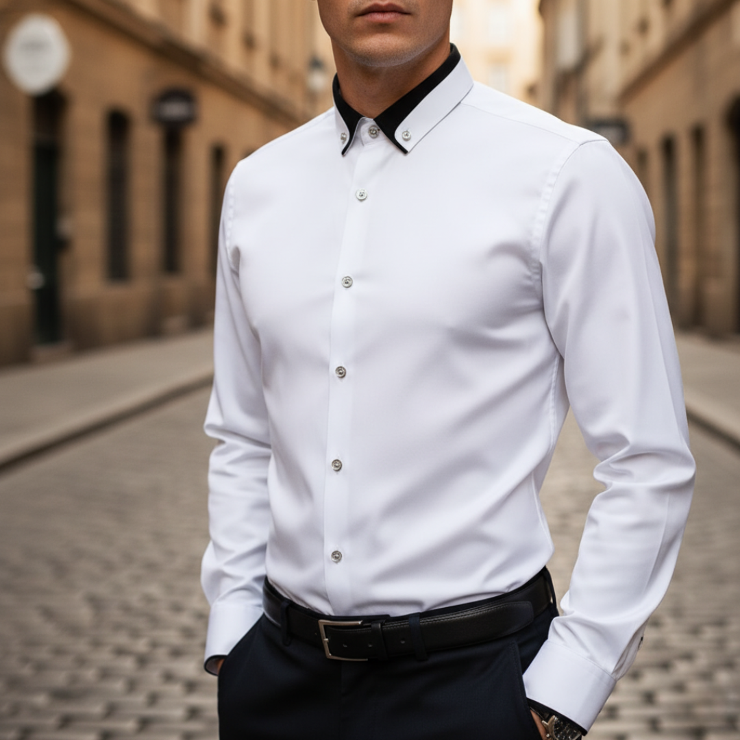 Men's slim fit dress shirt blue contrast collar breathable formal long sleeve elegant design