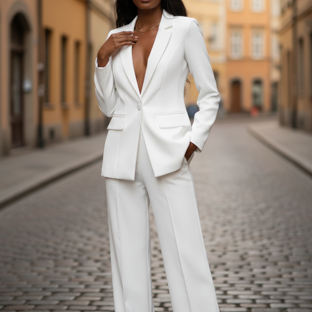 Women's elegant ivory tailored blazer suit with high-waist wide-leg palazzo pants for ceremonies