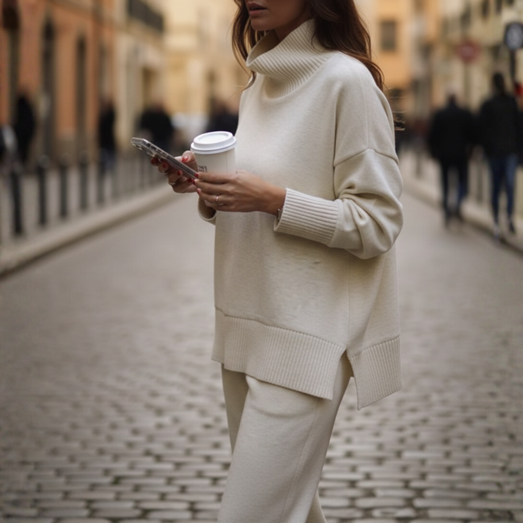 Women's cozy knit sweater and pants two-piece set, soft coordinated loungewear for travel and home office