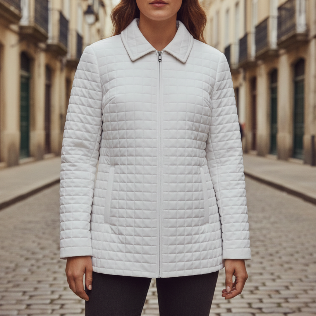 Women's beige quilted fabric zip-up jacket, elegant casual office wear with structured silhouette