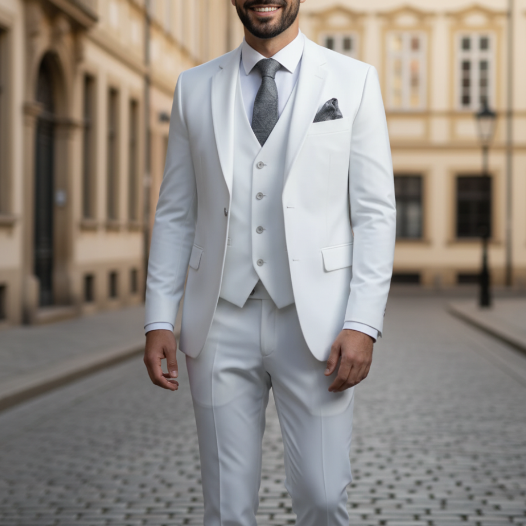 Men's slim fit two-piece suit set in classic black, navy, or grey for formal events and weddings