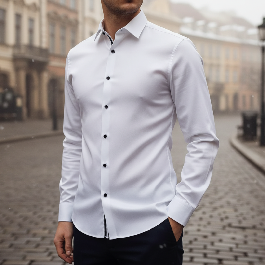 Men's slim fit long sleeve shirt in black breathable soft fabric for work and casual wear