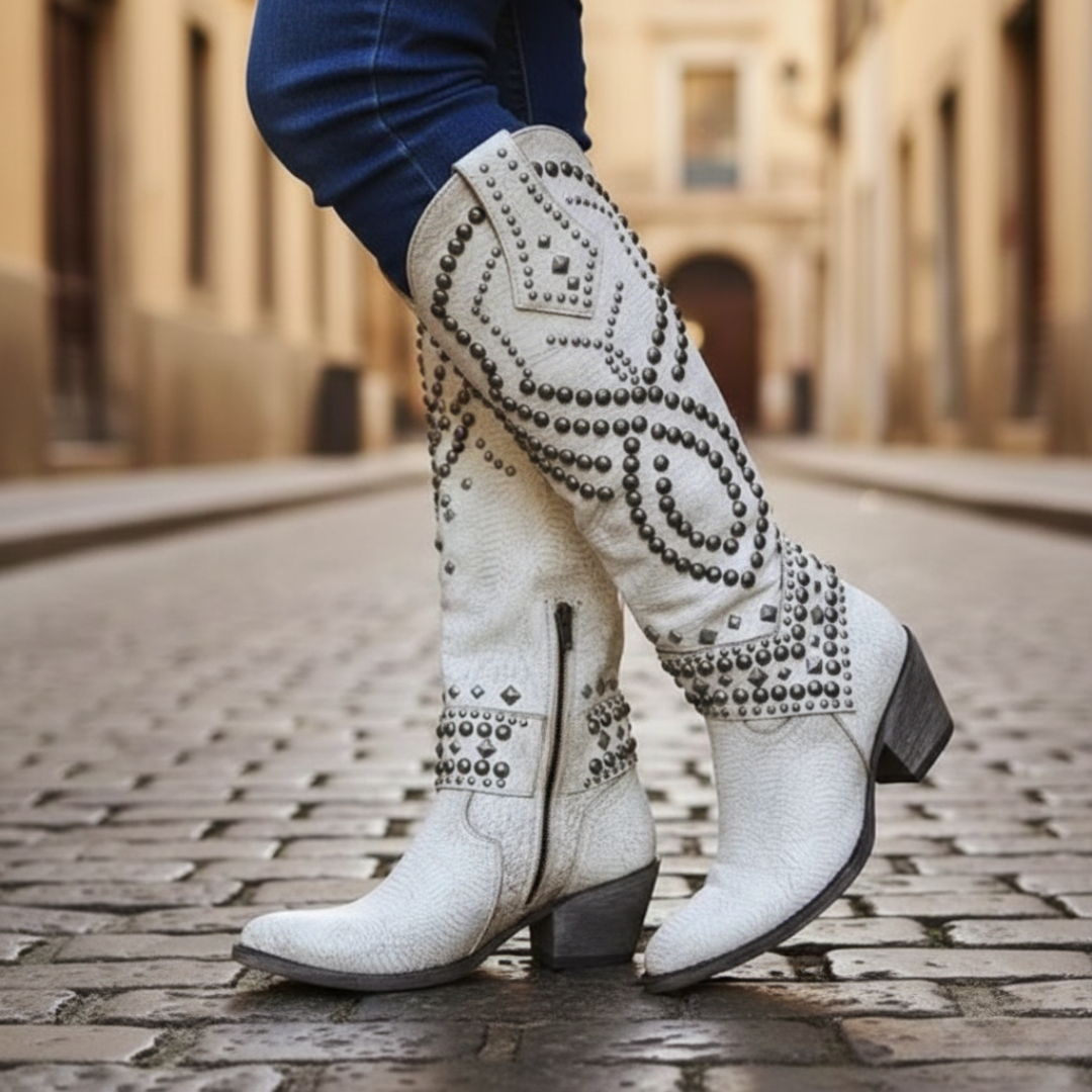 Women's black faux leather studded heeled boots, edgy yet versatile design for casual to semi-formal wear