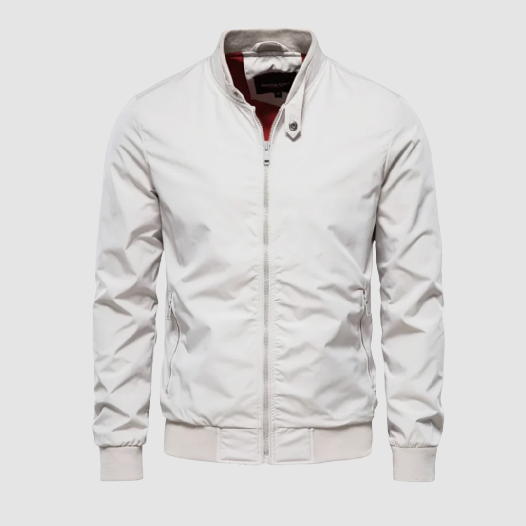 Men's slim-fit windproof bomber jacket with full-length zip and ribbed elastic cuffs for layered looks
