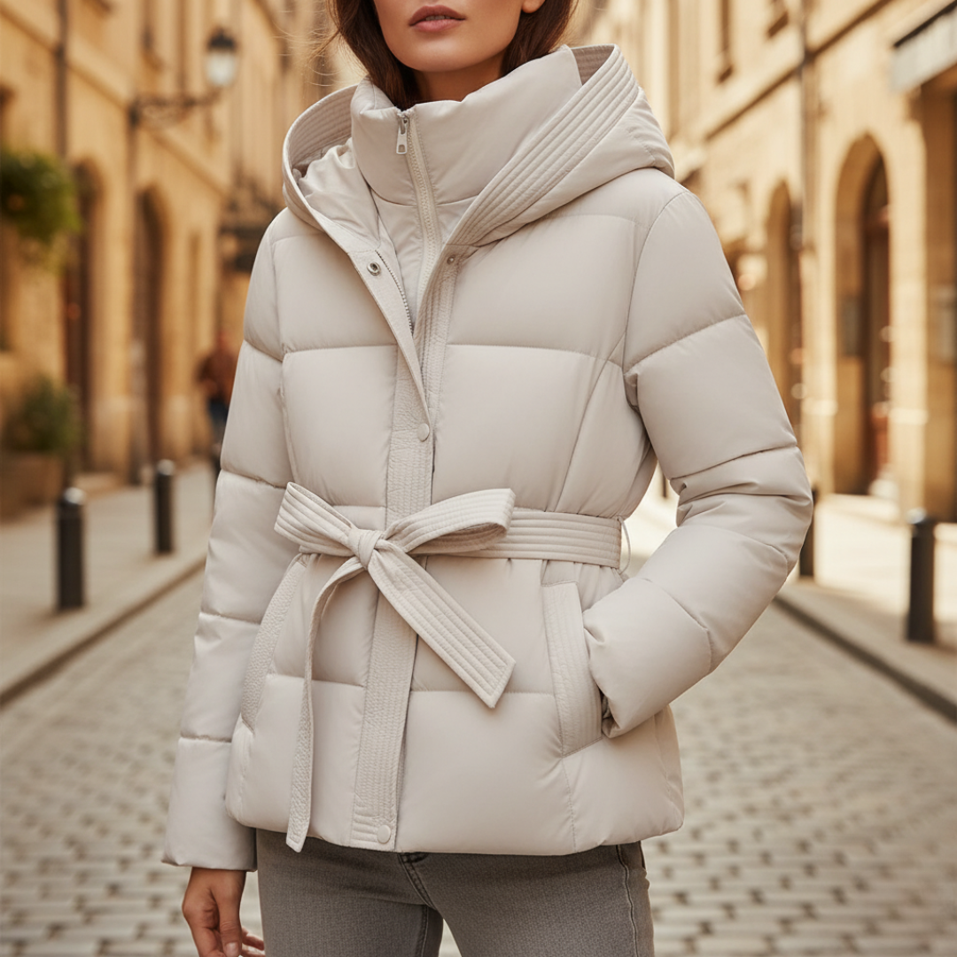 Women's windproof hooded down jacket in neutral tone with belted waist and adjustable hood for cold weather