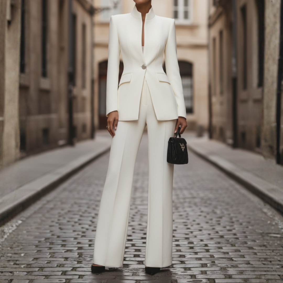 Women's black tailored wide-leg pant suit set, elegant polyester blazer for professional wear