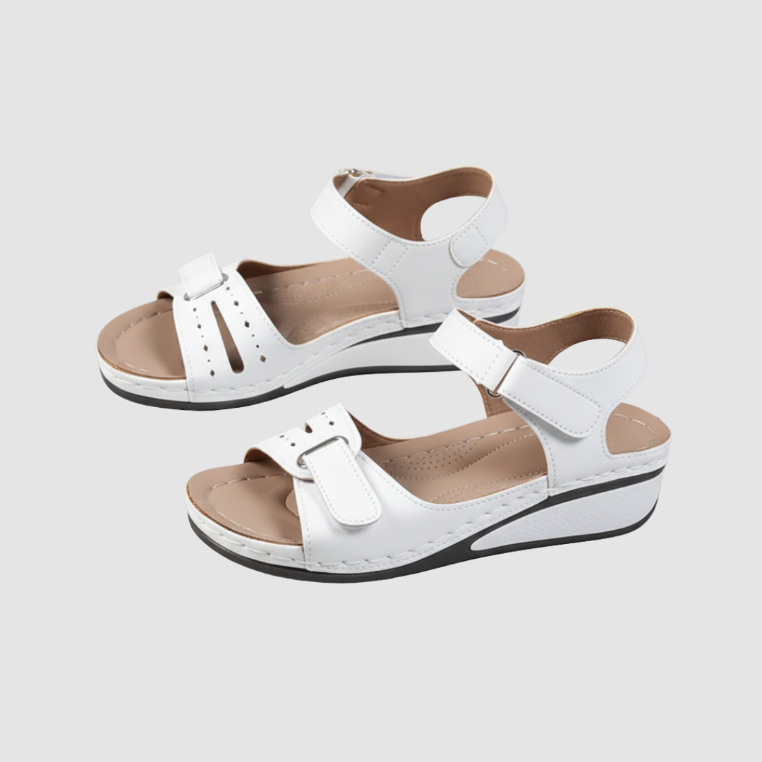 Women's wedge strap sandals in neutral tone, adjustable fit, casual summer style for all-day comfort