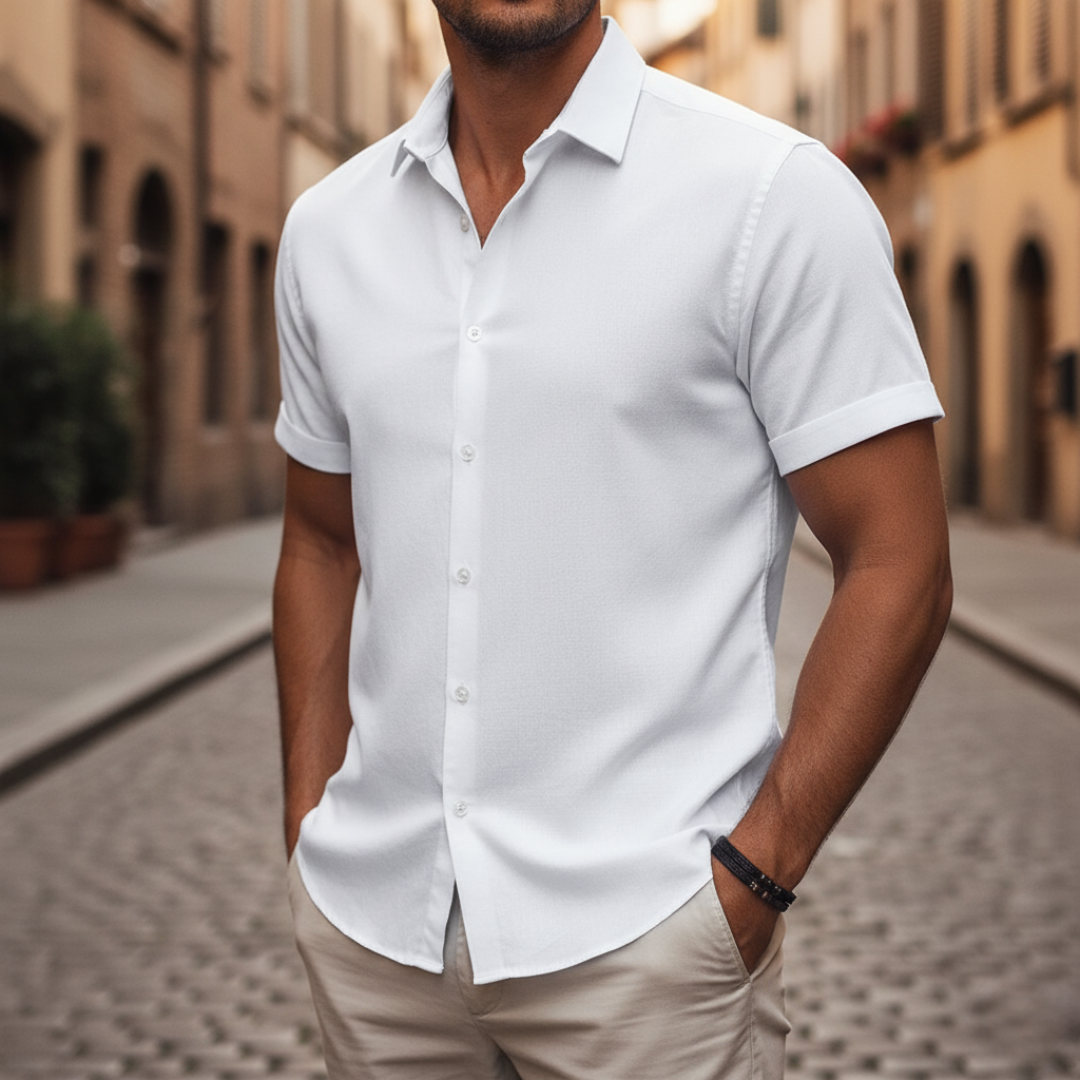 Men's short sleeve casual shirt lightweight breathable blended fabric subtly textured weave everyday comfort