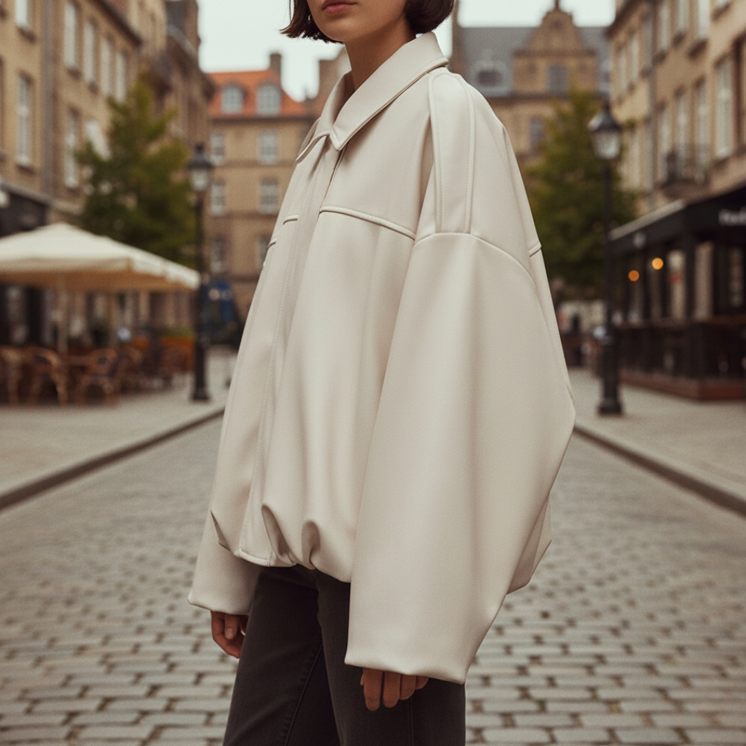 Oversized women's mixed fabric jacket in neutral tones, relaxed structured silhouette for professional layering