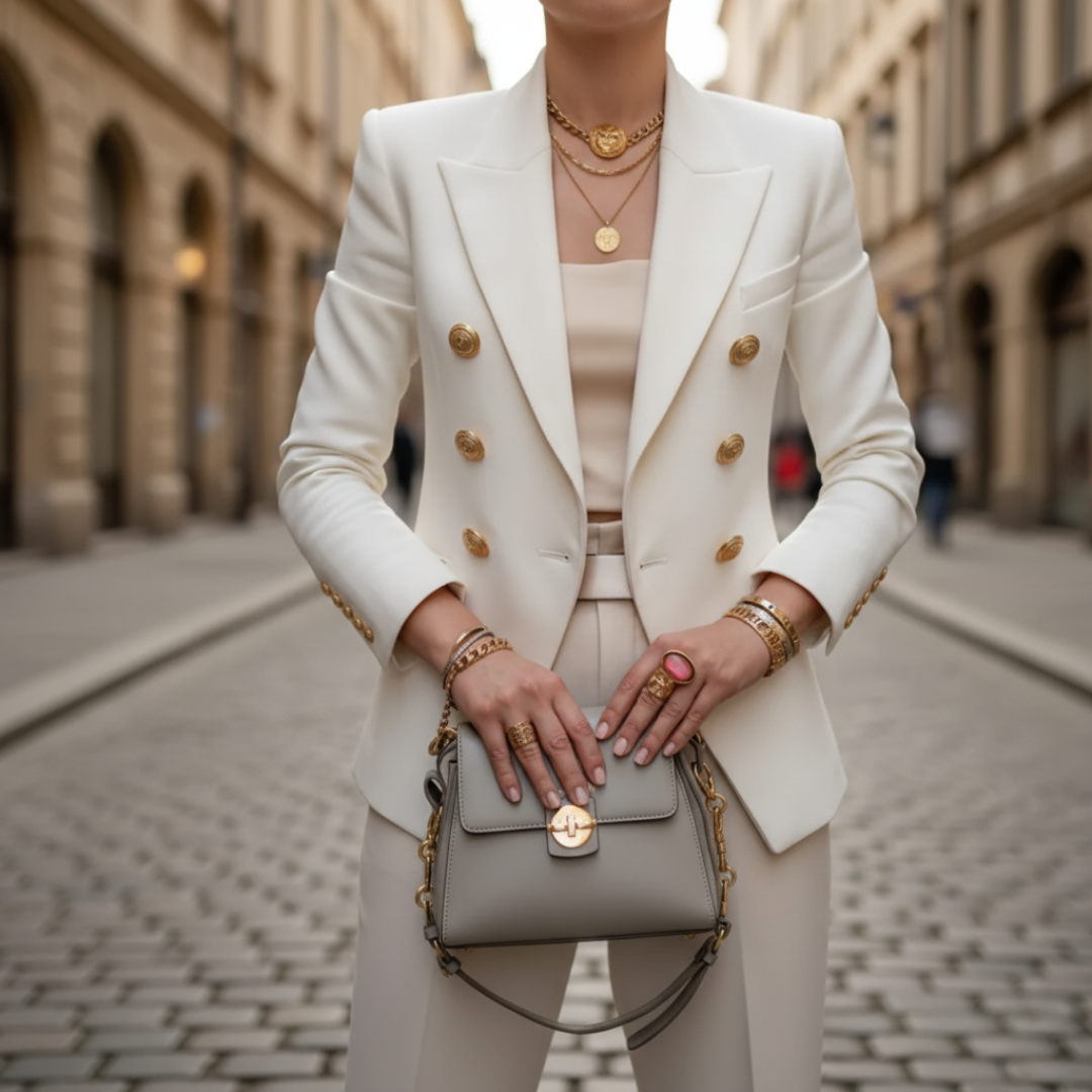 Women's double-breasted blazer navy blue elegant fabric gold buttons sophisticated formal casual