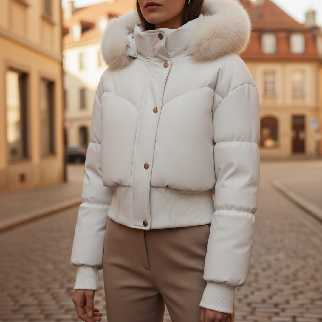 Women's hooded down jacket waterproof insulated coat with synthetic fur trim cold weather