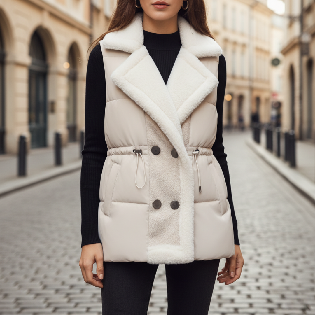 Women's padded vest faux fur collar button closure side pockets lightweight cold-weather insulation layer