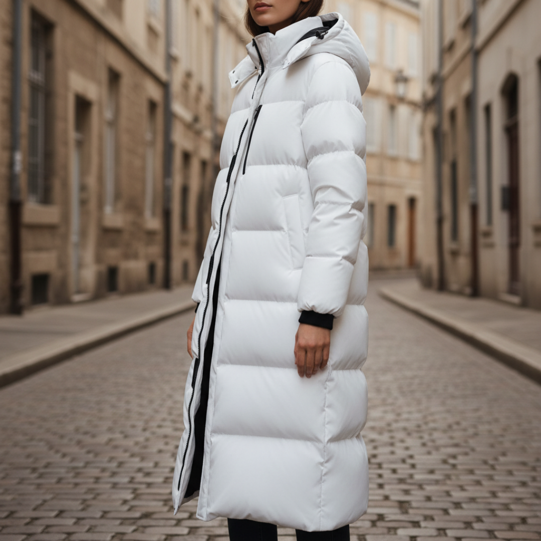 Women's long hooded windbreaker jacket with zip closure and pockets, lightweight all-season warmth