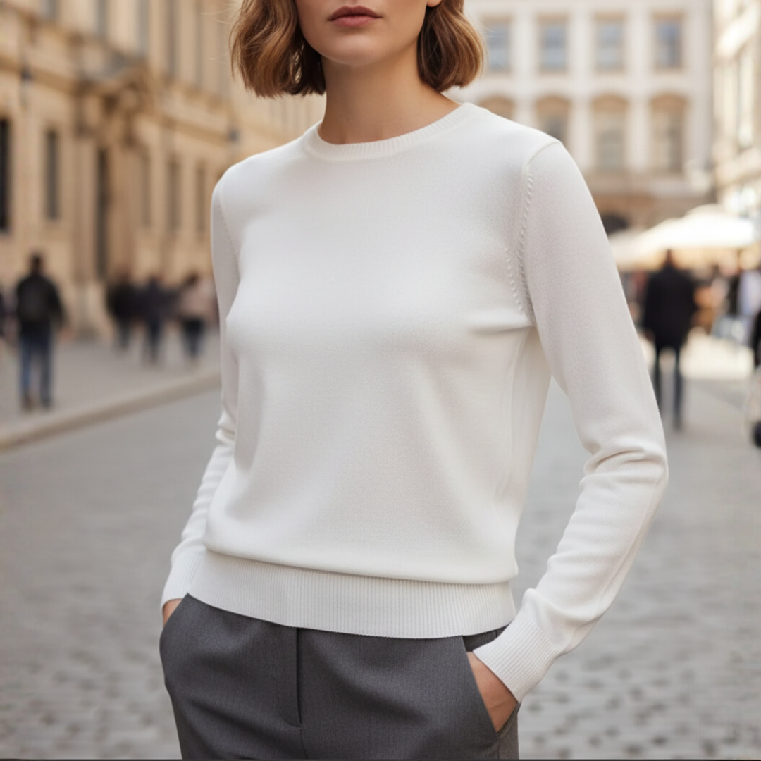 Women's fine knit crew neck sweater, soft slightly fitted long sleeve with ribbed cuffs and hem