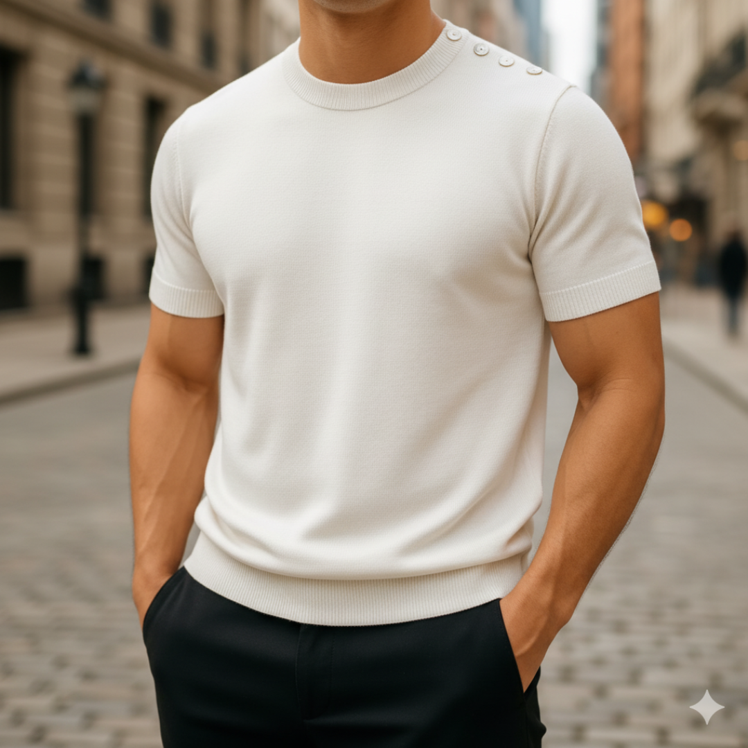 Men's slim-fit short-sleeve cashmere sweater, lightweight breathable knit for warm climates