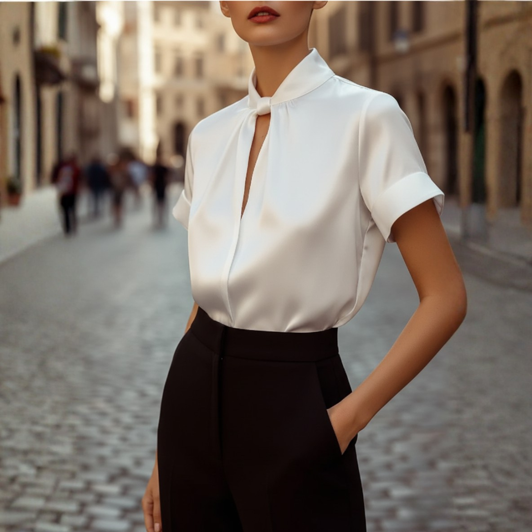 Women's silk-like high neck blouse with short sleeves, elegant stand collar, versatile formal-casual style