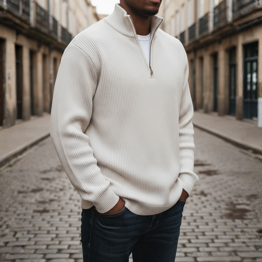 Men's ribbed knit high neck zip sweater casual everyday comfort fit soft durable fabric