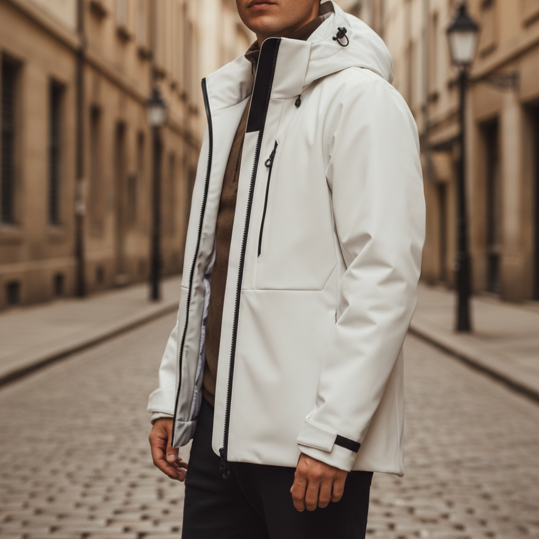 Men's yellow waterproof jacket adjustable hood all-weather durable polyester modern fit outdoor