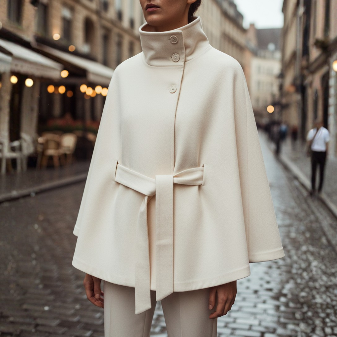 Black women's lightweight polyester coat with high collar and adjustable belt for elegant silhouette