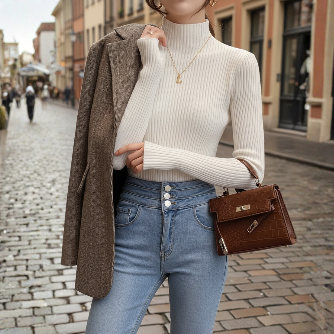 Women's slim-fit ribbed turtleneck sweater in mixed fabric blend, versatile for layering