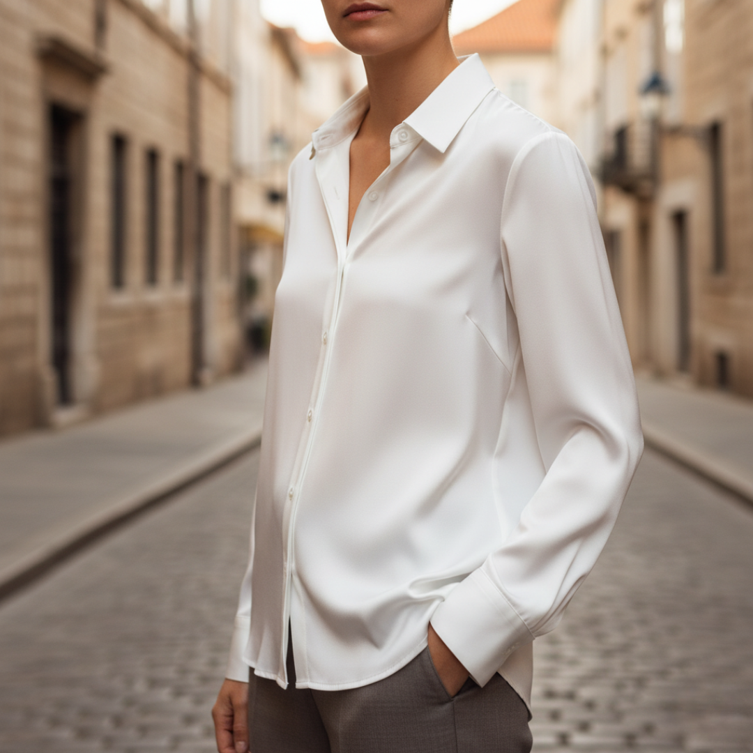 Women's satin button-up shirt with shiny finish, pointed collar, elegant slim fit for officewear
