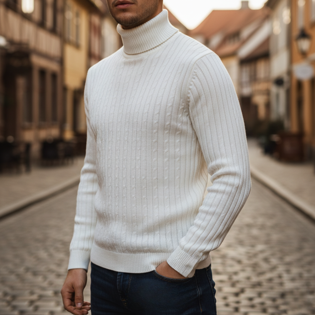 Men's fitted cable knit turtleneck sweater in polyester, sleek cold-weather style