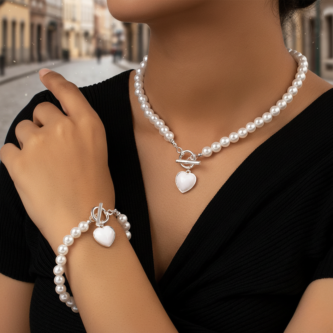 Handmade pearl necklace bracelet set women golden heart pendant red white elegant